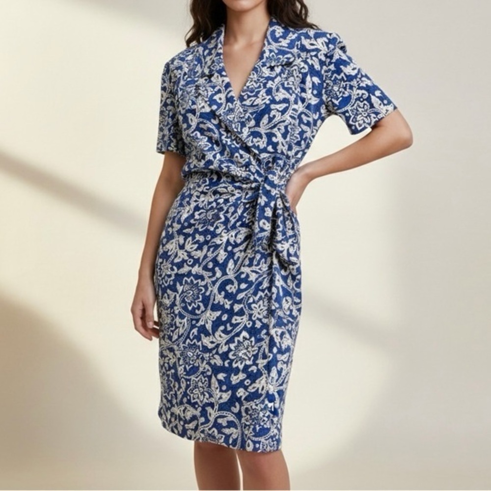 ADRIANNA PAPELL Vintage 100% Silk Blue Floral Midi Dress Wrap Tie Waist